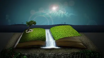 زمینه انتزاعی طبیعت ترکیب شده با کتاب و دریاچه زیبا