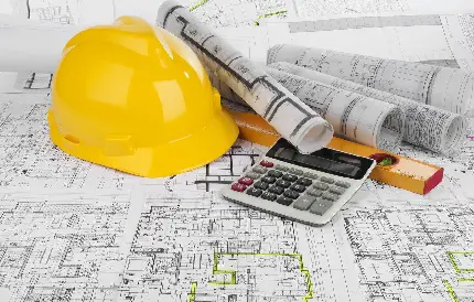 چاپ پوستر تصویر نقشه و ابزار مهندسی عمران شامل ماشین حساب و کلاه ایمنی 
