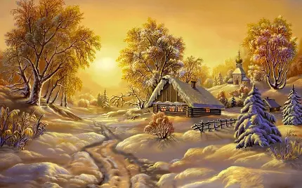 تابلو نقاشی غروب در منظره ی زمستانی با نمایی رویایی 