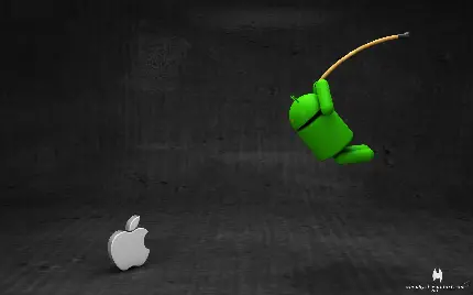 عکس ربات سبز اندروید درحال حمله به سیب گاز زده لوگو اپل