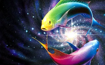 عکس ماهی های رنگارنگ یین و یانگ با پس زمینه کهکشانی نورانی
