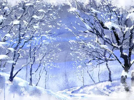 استوک تابلو نقاشی بارش شدید برف زمستانی روی درختان خشک و بی روح