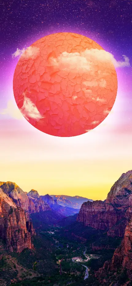 والپیپر سیاره قرمز بالای جنگلی سرسبز وسط کوهستان برای آیفون