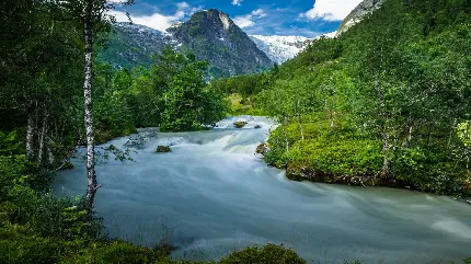 تصویر زمینه رودخانه میان کوه های سرسبز و آب و هوای خنک 