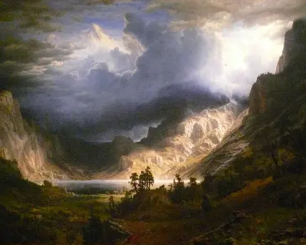 عکس نقاشی قدیمی طوفان در کوه های راکی اثر آلبرت بیرشتات