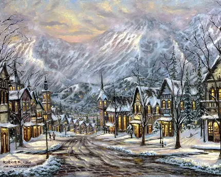 نقاشی منظره زمستانی در یک شهر قدیمی 