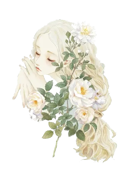 گل های سفید روی شاخه با پس زمینه دختر خوابیده مو طلایی