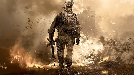 تصویر خارق العاده از سرباز در شهر سوخته و آتش گرفته