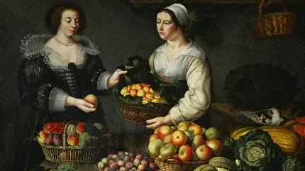 تصویر نقاشی رنگ روغن قدیمی و هنرمندانه طرح بازار میوه 