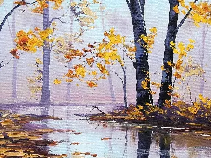 عکس نقاشی رنگ روغن درختان پاییزی خشک شده در منطقه ای بارانی