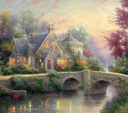 عکس نقاشی رنگ روغن قصر کوچک و نورانی در کنار رودخانه