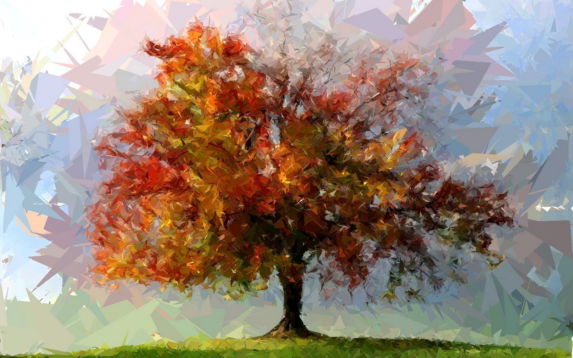 نقاشی هنری تک درخت پاییزی با برگ های قرمز و نارنجی 