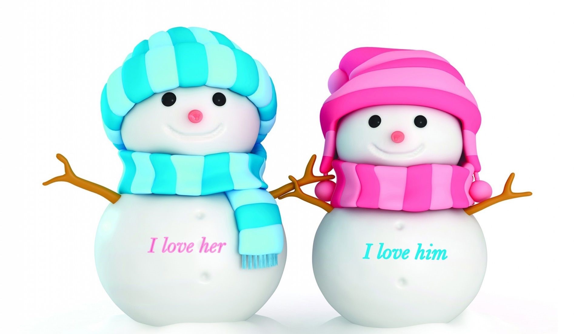 عکس عاشقانه آدم برفی های کارتونی با شال و کلاه آبی و صورتی