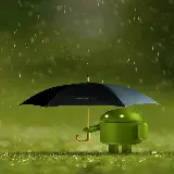 بک گراند ربات اندروید با چتر زیر بارش شدید باران مخصوص گوشی