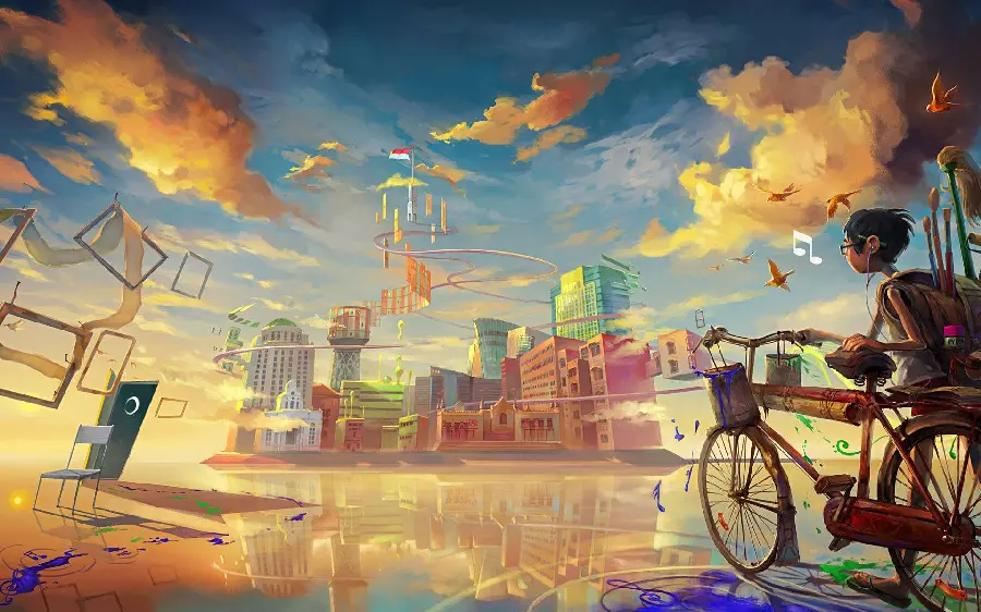 تصویر انیمیشنی پسر دوچرخه سوار و ورود موسیقی به شهر