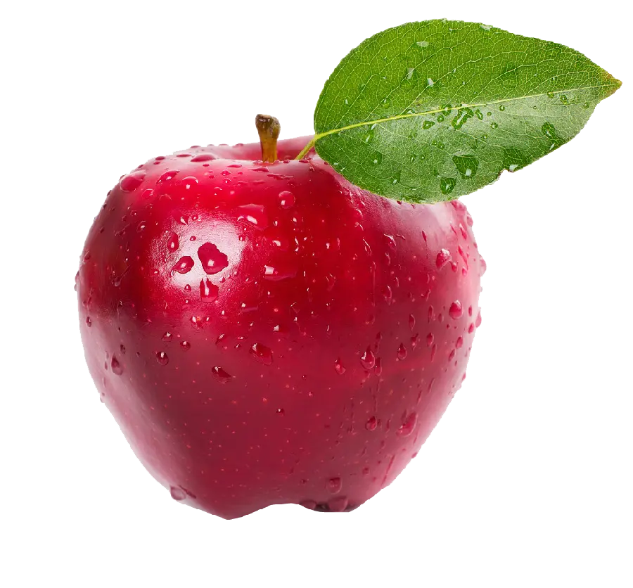 PNG تک سیب قرمز با قطره‌های آب روی برگ و سیب