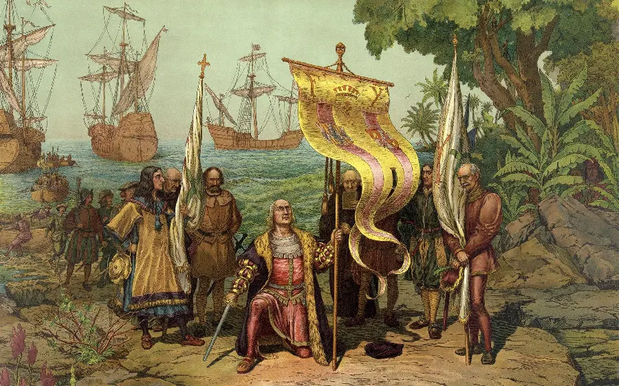نقاشی قدیمی و رنگ روغن از کریستف کلمب در حال اکتشاف