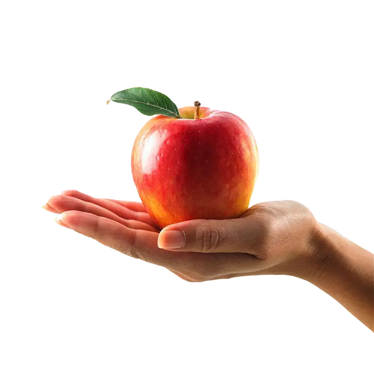 عکس سیب قرمز با برگ در کف دست تصویر با کیفیت برای دانلود