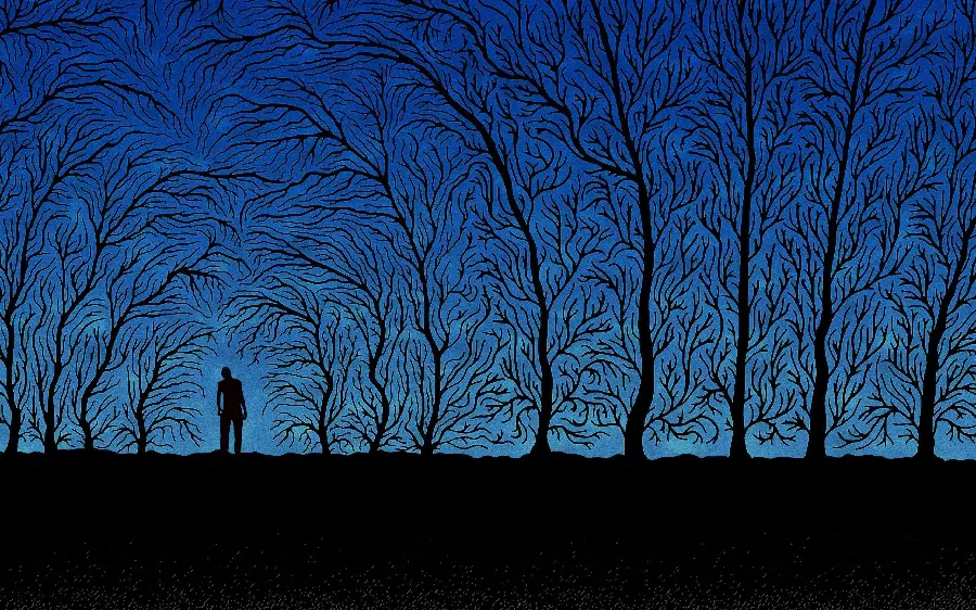 نقاشی سیاه  یک رنگ از پسر تنها و جنگل درخت‌ها