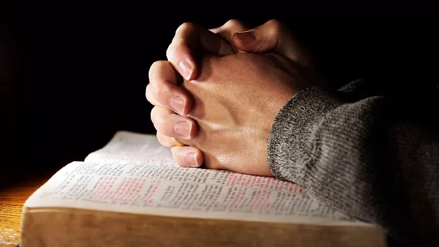 عکس دست‌های مشت شده روی کتاب مقدس در حال دعا کردن