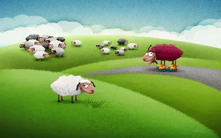 نقاشی گوسفند ساده با رنگ‌های مختلف در طبیعت