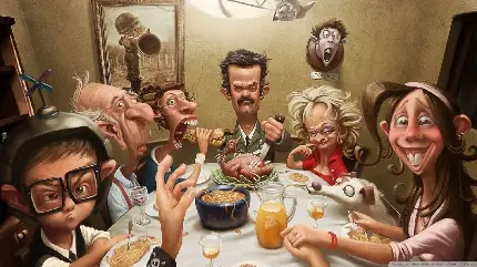تصویر کاریکاتوری خانواده خنده‌دار در حال خوردن غذا