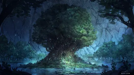 تصویر درخت افسانه‌ای در غار با دریاچه