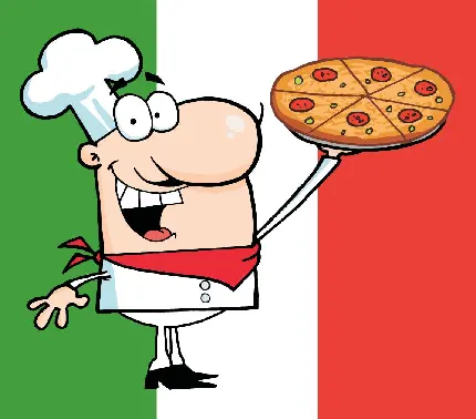 عکس نقاشی آشپز ایتالیایی با پرچم و پیتزای در دست