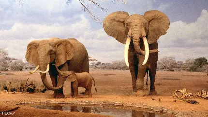 عکس گله فیل‌ها به همراه بچه فیل کنار برکه آب