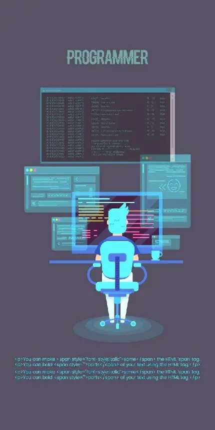 بک گراند گوشی از برنامه نویس انیمیشنی در حال کد نویسی