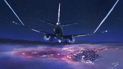 عکس زمینه بنفش رنگ هواپیما در حال پرواز بر فراز شهر