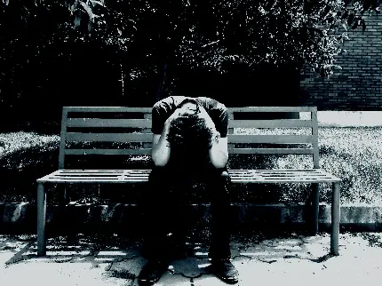پسر تنها و غمگین زانو در بغل در پارک نشسته روی نیمکت عکس برای دانلود رایگان