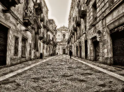 تصویر سیاه سفید خیابان سنگ فرش شده خالی در ایتالیا