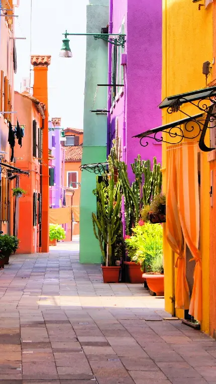 عکس خانه‌های رنگارنگ ایتالیایی و کوچه سنگ فرش شده