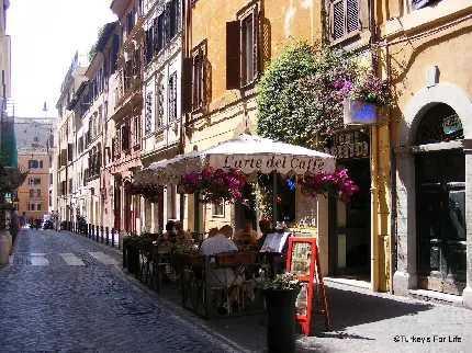 تصویر میز و صندلی کافه‌ها کنار خیابان ایتالیا