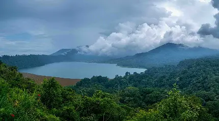 طبیعت بکر جنگلی با دریاچه آب در کوهستان بالی اندونزی