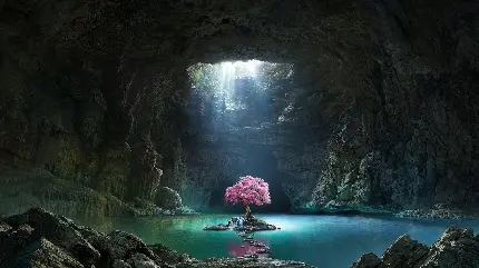 دانلود تصویر زمینه دسکتاپ از دریاچه و غار با درخت شکوفه در وسط هنری