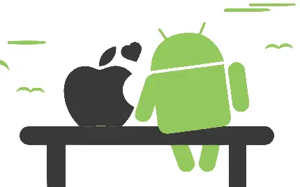 طرح گرافیکی ربات اندروید در کنار سیب گاز زده نماد آیفون