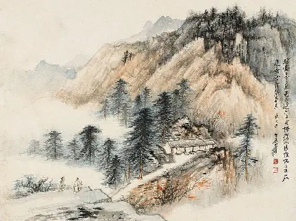 نقاشی ژاپنی منظره کوهستان مه آلود و کلبه های چوبی