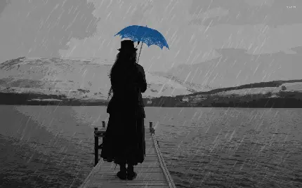 عکس چتر آبی و دختر زیر باران