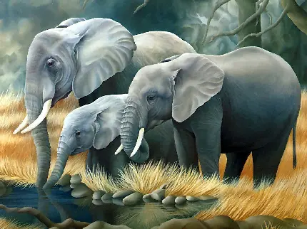 نقاشی سه بعدی از خانواده فیل‌ها در حال خوردن آب