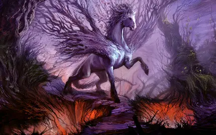 تصویر اسب افسانه‌ای در جنگل با قدرت‌های جادویی
