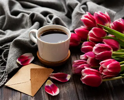دانلود عکس قهوه بهاری در کنار گل‌های لاله بنفش
