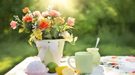 عکس میز صبحانه در طبیعت و قهوه بهاری