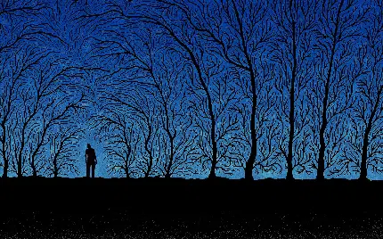 نقاشی سیاه  یک رنگ از پسر تنها و جنگل درخت‌ها