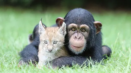 دانلود عکس مناسب تصویر زمینه دسکتاپ از شاپانزه و گربه زیبا