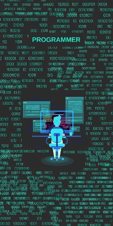 برنامه نویس انیمیشنی پشت کامپیوتر با پس زمینه اعداد صفر و یک 