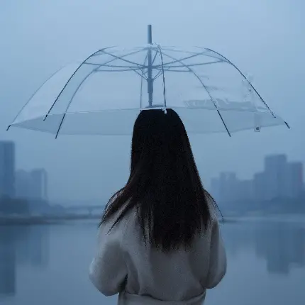 تصویر چتر شفاف و شیشه‌ای از جنس طلق زیر باران در دست دختر