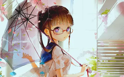 دختر انیمه‌ای عینکی با چتر