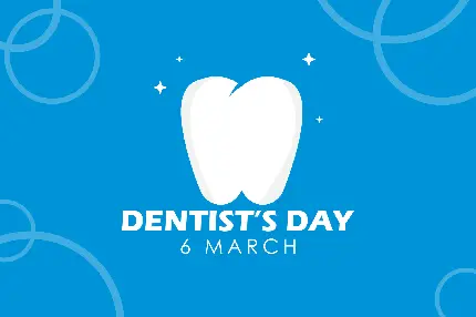 عکس دندان کارتونی در بک گراند آبی با نوشته happy dentist day 